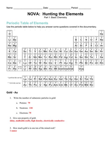 nova hunting the elements worksheet part 1 basic chemistry